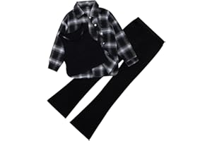 Naiyafly Girls 3 Piece Outfits Kids Cami Top + Flare Pants Set with Plaid Shirt Set Youth Girls Long Jacket Tanks Top Flare Leggings Bell Bottom Clothes
