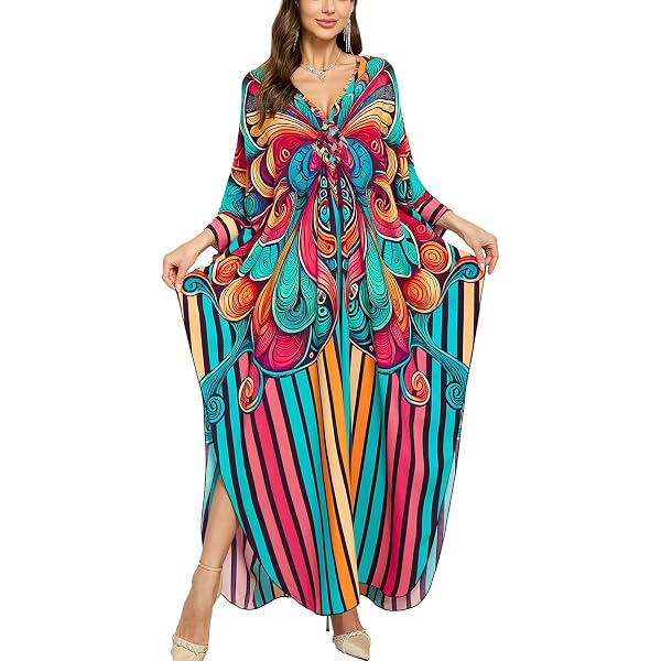 Kimono Femme En Coton Imprimé Floral - Robe De Chambre Longue, Peignoir De Plage - Manches 3/4, Poches - 3