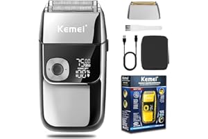 Kemei Rasoir électrique pour homme, tondeuse à barbe rechargeable sans fil, lavable, USB, affichage LED, rasoir en feuille de titane avec étui de transport