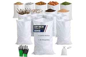 GÉNÉRIQUE 20 Sacs de Gravats 64L (95x55 cm) En polypropylène tissé blanc + 20 Attaches Caoutchouc + Gants Fournie – Résiste jusqu'a 55 kg – Réutilisables | Déchets, Jardin, Chantier, Feuilles