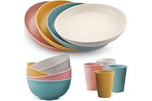HOMGEN 12Pcs Plastic Plates and Bowls Set - Unbreakable Party Dinner Set for 4 - Reusable Plates and Bowls Set - Colourful Camping Crockery Set Lightweight Plate and Cutlery Set for Christmas Birthday