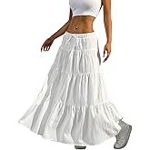 flowervelly Women's Tiered Maxi Skirt, White Cotton Blend, Elastic Drawstring Waist, Boho Style