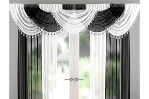 Ians Emporium MILLIE *WHITE&BLACK* VOILE BEADED *9 PEICE SWAG SET* WITH HEART BEADS 48" DROP