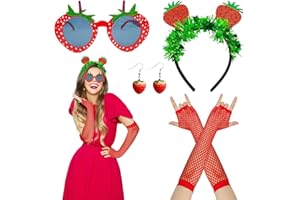 UILYNIU 4 Stück Erdbeer Kostüm Damen Set, Erdbeer Haarreif, Erdbeer Sonnenbrille, Rote Handschuhe, Erdbeer Ohrringe, Erdbeere Kostüm Zubehör für Hawaiian Kostüm Carnival Obst Kostüm Party