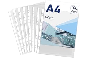AGOER 100 Pochettes Perforée Perforées A4, 160 Microns Qualité Transparent Pochettes Plastiques Pour Protéger le Papier, les Fichiers et Documents, Ouverture sur le haut
