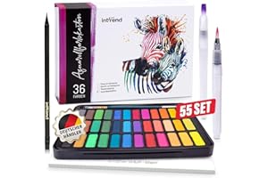 ‎INT!REND int!rend Aquarellfarben Set 55-Teilig - Wasserfarben Ungiftig & Säurefrei - 36 Aquarell Farben + 1 Watercolor Nylonpinsel + 2 Wassertankpinsel + 15 Blätter Aquarellpapier + 1 Bleistift