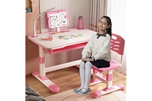OSKOPWRC Ensemble Bureau et Chaise pour Enfants, Bureau d'étude réglable en Hauteur avec Support à Livres et tiroir, Table d'étude pour la Maison, l'école, garçons et Filles, Rose (Pink 2)