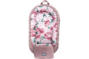 BELLOCHI GROWING IN STYLE Bellochi Baby Nest Pod with Breastfeeding Arm Pillow - Baby Sleep Pod for Newborn - Cotton and Velvet - OEKO-TEX Certified - 90x60x12cm - with Protective Edges - Pink Peony Secret