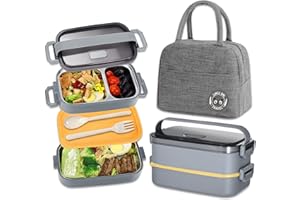 Haoh Lunch Box Acciaio Kit, 1100ml 2 Strati Ermetica Porta Pranzo da Ufficio con Posate e Borsa Termica Porta Pranzo, Bento Box Acciaio per Picnic Scuola Uffici Adulto(Grigio)