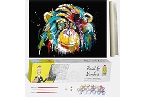DonElton Dipingere con i numeri, scimmia, fai da te con i numeri, per adulti, set con tela prestampata, 3 pennelli e colori acrilici colorati