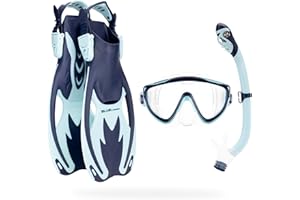 CRESSI Tinetto Rocks Dry Set Blue Navy/Ice Cyan L/XL - Kids Snorkeling Set Short Adjustable Fins, Silicone Mask, and Dry Snorkel, Blue Navy/Ice Cyan, L/XL