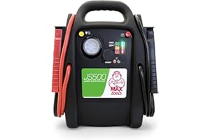MAXTOOLS JS500 2200 A 22 Ah, arrancador de emergencia para coches y furgonetas, motores diésel y gasolina de 12 V, arrancador, con linterna LED, puerto USB y cables de conexión