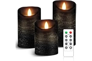 AnnSpa 3 Set Schwarz LED Kerzen Batteriebetriebene mit Fernbedienung，Flammenlose Echtes Wachs Flackern Moving Wick Flackern Amber Yellow Light Pillar Candles，Unscented Wachs für Geschenk/Dekoration