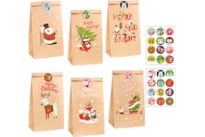 iKesoce 24 Pz Sacchetti Regalo di Natale Sacchetti di Carta Kraft Calendario Dell'avvento Borsa Sacchetti Carta Piccoli con Adesivi Etichette per Caramelle e Alimentari