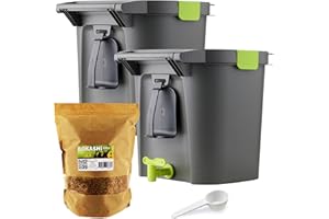 WormBox Lote de 2 Bokashi Confort 14 litros, compostador orgánico de Alta Gama con compactador y activador de fermentación 1kg | Kit Completo