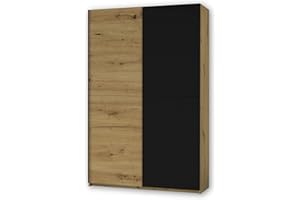 Stella Trading Fast Elegante armario ropero con mucho espacio, versátil, con puertas correderas, acabado en roble Artisan y negro, 125 x 195 x 38 cm (ancho x alto x fondo)