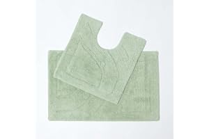 HOMESCAPES Luxury 2 Piece Bath Mat Set 50 x 80 cm and 50 x 55 cm Sage Green - 100% Cotton Bathroom Mat and Pedestal Mat - Machine washable Bath Rugs in First Class Quality