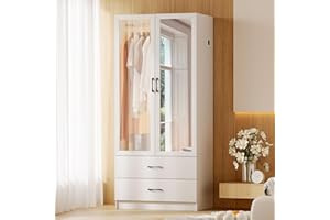 ‎LVIFUR Lvifur LED Aufbewahrungsschrank Kleiderschrank,kleiderschränke mit Kleiderstangen und 2 Schubladen,Wardrobe Closet mit Spiegel,schlafzimmerschrank mit LED-Licht&Menschliche Sensorfunktion