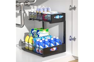 Housolution Rangement sous Évier en Métal, 2 Niveaux Étagère sous Évier Coulissant de Cuisine avec Hauteur Réglable, Organisateur sous Évier pour Placard de Cuisine, Noir