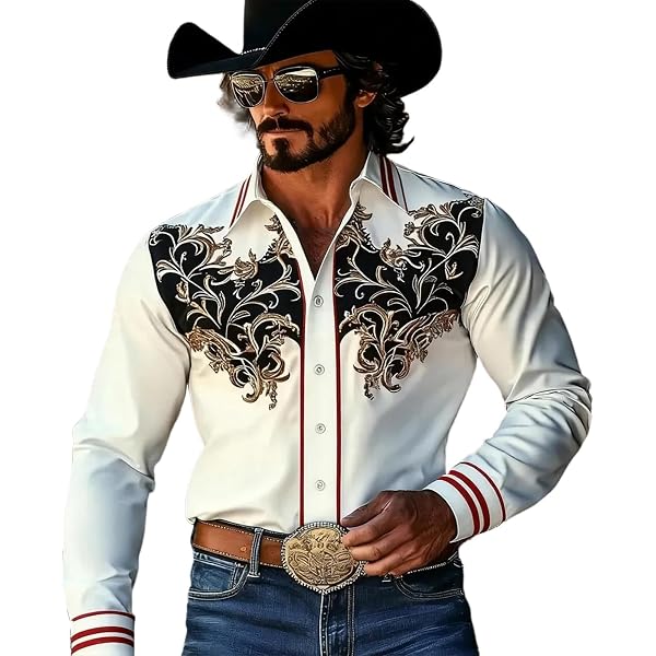 Chemise Western Brodée Homme – Manches Longues, Motif Cowboy, Kaki/chocolat – Style Traditionnel Avec Imprimé 3D