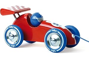 Vilac Wooden Pull Along Racing Car, Pull Toy with String, Made In France, Vintage Design, Comes In Box Great for Gifting, 16 x 9 x 9 cm, Suitable for 18 Months+, Red and Blue