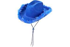 QIANDERER Sombreros de vaquero iluminados para mujer, con ala de plumas esponjosas, sombrero de vaquera LED para despedida de soltera, fiesta de disfraces, disfraz de juego (azul rey)