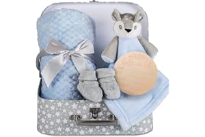 Hoolaroo Baby Blanket New Baby Boy Gifts Newborn Baby Box Fleece Blanket, Blue Deer Fawn Comforter, Knit Booties, Baby Hamper Suitcase Blue Gifts for Baby Gifts Present Boys
