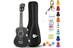EVERJOYS Soprano Ukulele Beginner Kit for Kids Adult Student w/Free Online Lesson 21 Inch Ukelele Gig Bag Strap String Stickers Pick Polishing Cloth, Rainbow Series Ukalalee(Shinny Black)