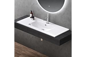 doporro Lavabo da Incasso Rettangolare 100 cm in Ceramica Bianco Lucido, Lavandino Integrato con Foro Rubinetto, Installazione su Mensola o Mobile Bagno Brüssel912