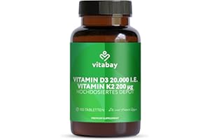 ‎VITABAY Vitabay Vitamin D3 K2 Hochdosiert 20000 IE Depot - 180 Vegane & Laborgeprüfte Vitamin D Tabletten ohne Zusätze - Trägt zur Unterstützung des Immunsystems und zur Erhaltung normaler Knochen bei