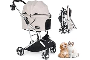 Beberoad T4 Pet Stroller for Small Medium Dogs Cats, 4 Wheels Foldable Pram With Pad & Cup Holder, Travel Pushchair Buggy Trolley, Beige