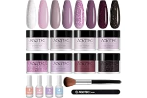 Aokitec 14 Pezzi Polvere da Immersione Kit Starter per Unghie 8 Colori, Set di Liquido Dip Powder in Acrilico Nero Bianco Pastello Glitter con Base Top Coat Pennello Arte Manicure Salone Fai da Te