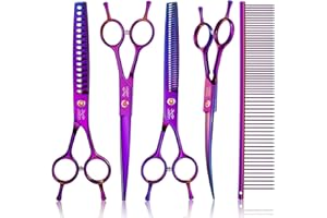 JASON Lot de ciseaux professionnels 6 en 1 pour chien - Ciseaux à pelage droits incurvés 16/36 dents - Ciseaux à effiler pour chien avec poignée ergonomique pour le toilettage des animaux de compagnie