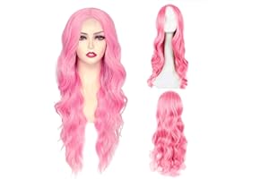 XNIVUIS Pelucas Rosa Largas, Rosa Largo Rizado Ondulado Peluca Cosplay Peluca de Mujer y Niñas, Elástica y Transpirable, Natural, 28" / 70 cm, para Halloween Navidad Carnaval Fiesta