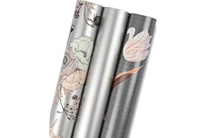 RUSPEPA Rollo de Papel de Regalo - Mini Roll - 3 Diseños Florales de Plata Diferentes (42,5 Pies Cuadrados Ttl.) - 43,2 cm x 3,05 m Por Rollo