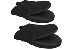 CHONGNING 1 Pair Short Oven Mitts, Heat Resistant Silicone Kitchen Mini Mitts for 500 Degrees, with Non-Slip Grip Surfaces and Hanging Loop, Oven Gloves for Grilling Barbecue Microwave Machine (Black)