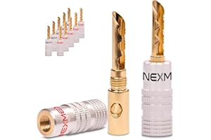 NEXMEX Lot de 12 fiches bananes creuses haut de gamme plaquées or 24 carats (6 paires) pour câbles jusqu'à 6 mm² à souder ou à visser pour câbles de haut-parleur 8 AWG à 16 AWG