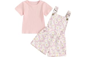 Geagodelia Ensemble 2 Pièces pour Fille Tenue Petite Fille à Motifs Fleurs Vêtement d’été pour Fille 1-5 Ans T-shirt + Combinaison