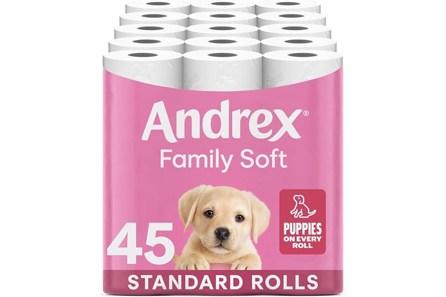 Andrex Family Soft Toilet Roll - 45 Toilet Rolls, 2-Ply, Bulk Buy, Fragrance Free, FSC Certified