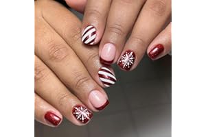 DMQ Christmas Press On Nails Short, 24Pcs Red Glitter French False Nails, Square Christmas Fake Nails with Snowflakes, Wine Red Shimmer Stick on Nail with Glue for Women Xmas DIY Nails