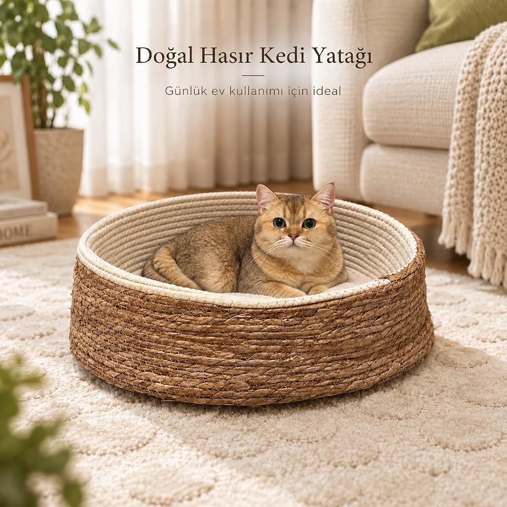 getmeev Kedi Tırmalama Yatağı, Doğal Hasır Dokulu Yuvarlak Kedi Sepeti, Tırmalama ve Dinlenme Alanı, Dayanıklı Örgü Tasarım, Evcil Kediler İçin Konforlu Yatak(Tırmalamalı Krem)