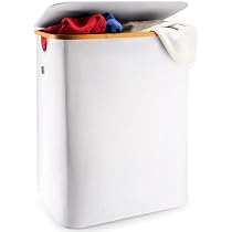 Panier à Linge 150L Bambou - 2 Compartiments Avec Couvercle - Sac Amovible
