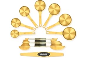 Foyucool Set di 15 Misurino e Cucchiaio Dosatore, 7 Cucchiai Magnetici a Doppia Faccia, 7 Tazze di Misurazione in Acciaio Inox, 1 Leveler, per Ingredienti Secchi e Liquidi, per Cucinare, Cuocere