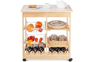GIANTEX Carrito Auxiliar de Madera con Ruedas, Carrito Multiusos con Cajones, Carro de Cocina con Cestas y Botellero, Ideal para Cocina, Baño, Restaurante, Color Natural