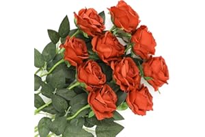 Veryhome 10 Pcs Artificial Roses Silk Flowers Fake Single Stem Rose Bud Bridal Bouqets For Wedding Home Birthday Party Arrangment Garden Decoration (Burnt Orange)