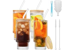 HMJIA Bicchieri Vetro Coste con Cannuccia e Spazzole Bicchieri Acqua Vetro 500 ml/17.6 oz Bicchieri Scanalati da Long Drink per Cocktail Whisky Birra Caffè Soda Succhi (4 Pezzi, 500ml + Coperchio)