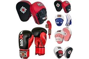 MAXX PRO BOXING GEAR Maxx BOXING GLOVES & LEATHER CURVED FOCUS PADS WITH FREE HAND WRAP MMA Boxing MULTI COLORS
