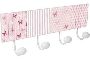POMOLINE PERCHA pared metal diseño INFANTIL decoración mariposas ROSA con 4 GANCHOS porcelana