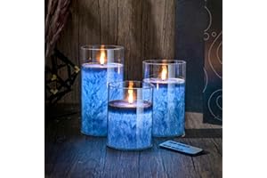 SLVCREK Bougies à LED Cire Véritable, 3PC Ensemble de Bougies Décoratives en Verre, Bougie Sans Flamme Avec Télécommande Minuterie, Bougies en Paraffine pour Décoration, Mariage, Fêtes (Bleu)