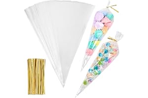 Feeona 200pcs Sachets Transparents cône,Sac Cellophane,Sachet Plastique Transparent,Sachet Anniversaire avec 200 Ruban doré 25x13cm,pour bonbon,biscuit,Snack,fêtes et Noël
